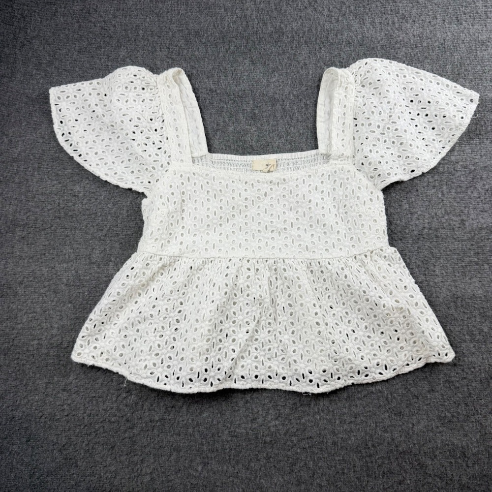 Tgla‎ Eyelet Peplum Top Women's XS White Square Neck Flutter Sleeve PW1002286